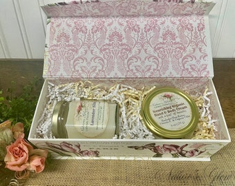 Lavender Gift Box with 9 oz. Hexagon Candle and Hand and Body Cream, Anniversary Spa Gift Set for Wife