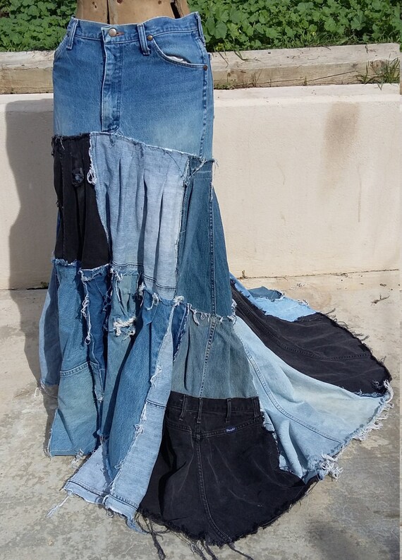 Items similar to Upcycled Jeans Skirt With Train Funky Denim Hippie