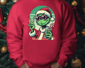 Retro Grinch Christmas Sweatshirt, Vintage Funny Holiday Crewneck with Santa Hat and Candy Cane Drink, Unisex Cotton Blend Pullover Gift