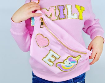 Riñonera infantil personalizada / Bolsa de cintura de nailon con parche de chenilla personalizado, ideal para la escuela, viajes, ligera, ajustable y accesorios para niños.