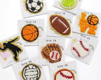 Parches termoadhesivos de chenilla deportiva para baloncesto, fútbol, tenis, béisbol y fútbol americano. Parches deportivos bordados. Lote de parches DIY.