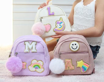 Mini mochila de pana personalizada para niños pequeños, bonita mochila preescolar con parche de chenilla personalizado