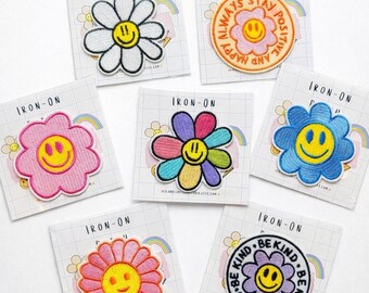 Parches de chenilla con margaritas sonrientes / Parches termoadhesivos con flores lindas / Parches bordados con caras felices / Juego de parches para regalo DIY