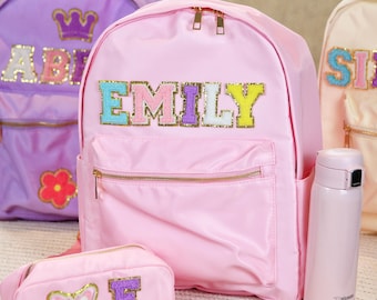 Mochila personalizada con parche de chenilla para niños, mochila escolar con nombre personalizado, regalo ideal para niños y niñas.