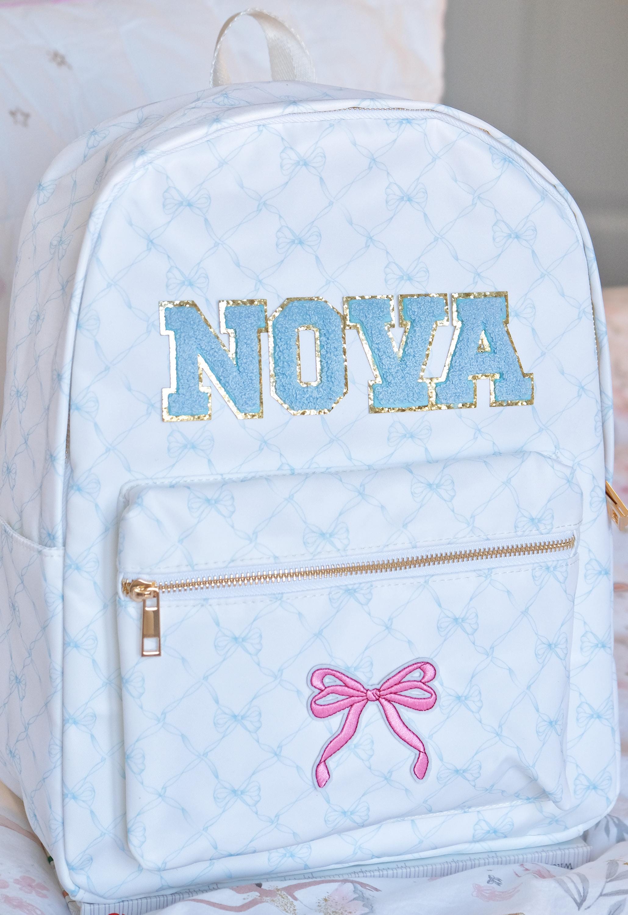 Personalized Bow Print Backpack – Custom Name Chenille Patch School Bag ...