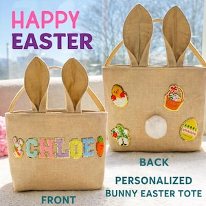 May include: Two beige burlap Easter totes with bunny ear handles. One tote has the name "CHLOE" in colourful letters and a carrot applique. The other tote has Easter-themed patches and the text "HAPPY EASTER".
