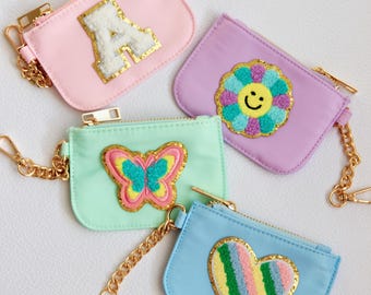 Monedero llavero personalizado con parche de chenilla, monedero, tarjetero, regalo para niña, bonito monedero pequeño, accesorio infantil