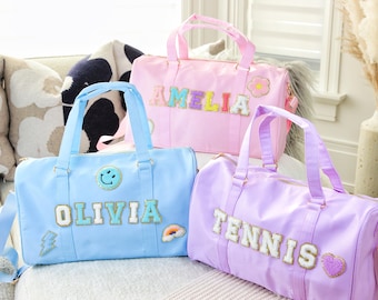 Personalized Kids Duffel Bag with Chenille Patch – Custom Dance & Gym Bag, Weekender Travel Bag for Girls, Birthday Gift