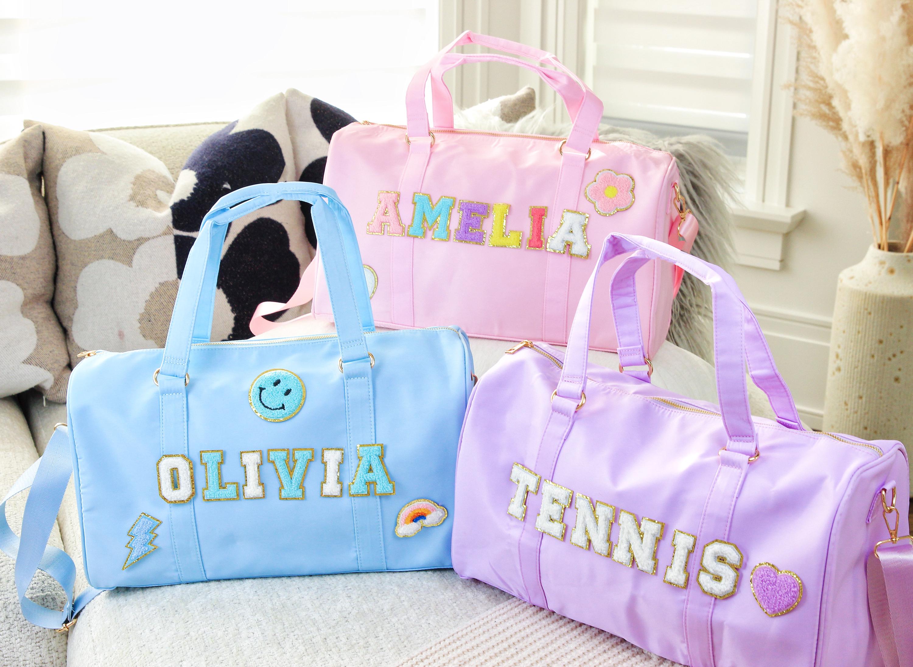 Personalized Kids Duffel Bag with Chenille Patch - Custom Dance & Gym Bag, Weekender Travel Bag for Girls, Birthday Gift