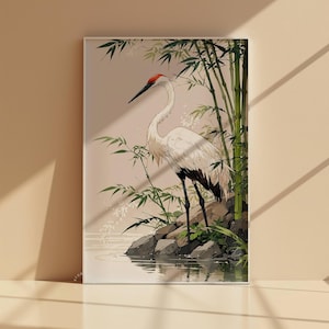 Kranich Wandkunst, Minimalistischer Bambus und Nebel Druck, Neutral getönten orientalischen Vogel Poster, Zen Natur druckbare, digitaler Download, Geschenk