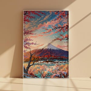 富士山のプリント、日本の壁アート、桜の風景、四季の山のプリント、日本旅行ポスター、デジタルダウンロード