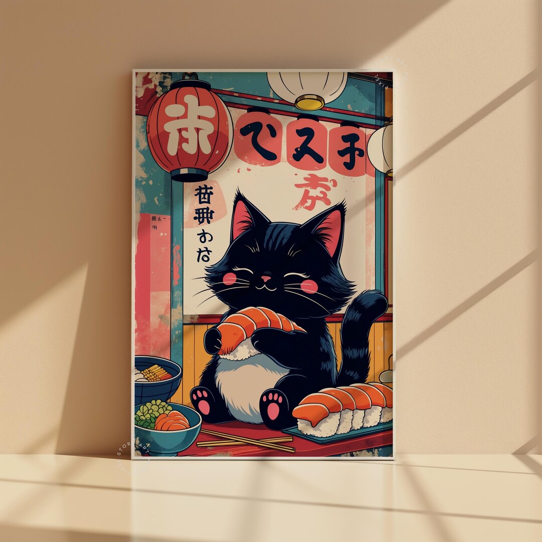 Sushi Cat Printable Wall Art, Cute Japanese Cat Eating Sushi, Kawaii ...