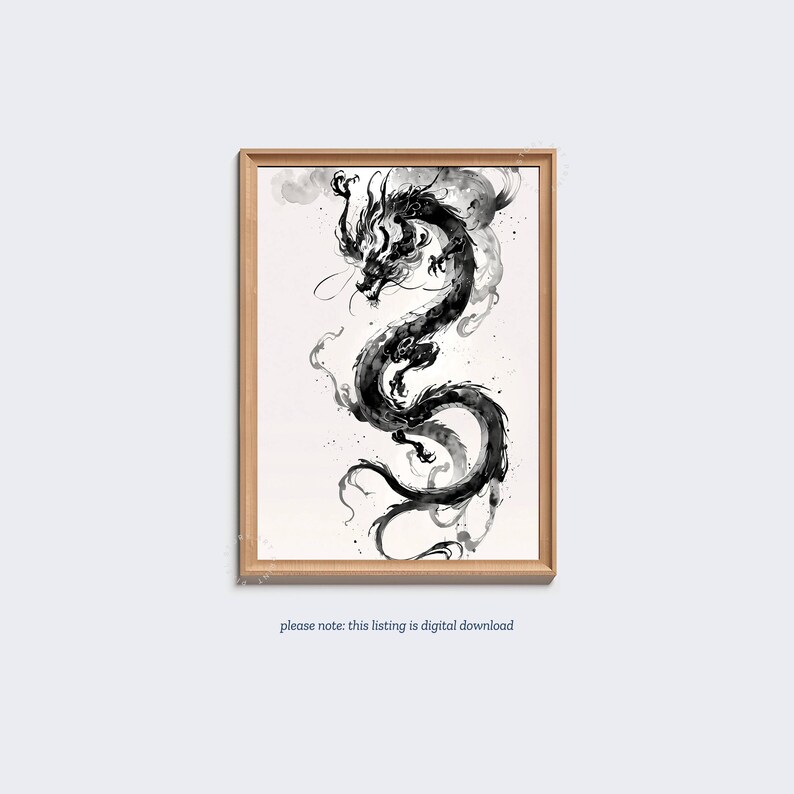 Japanese Dragon Wall Art Print, Black and White Sumi-e Dragon Poster ...