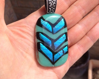 Large Green Dichroic Fused Glass Pendant with Dichroic Chevrons