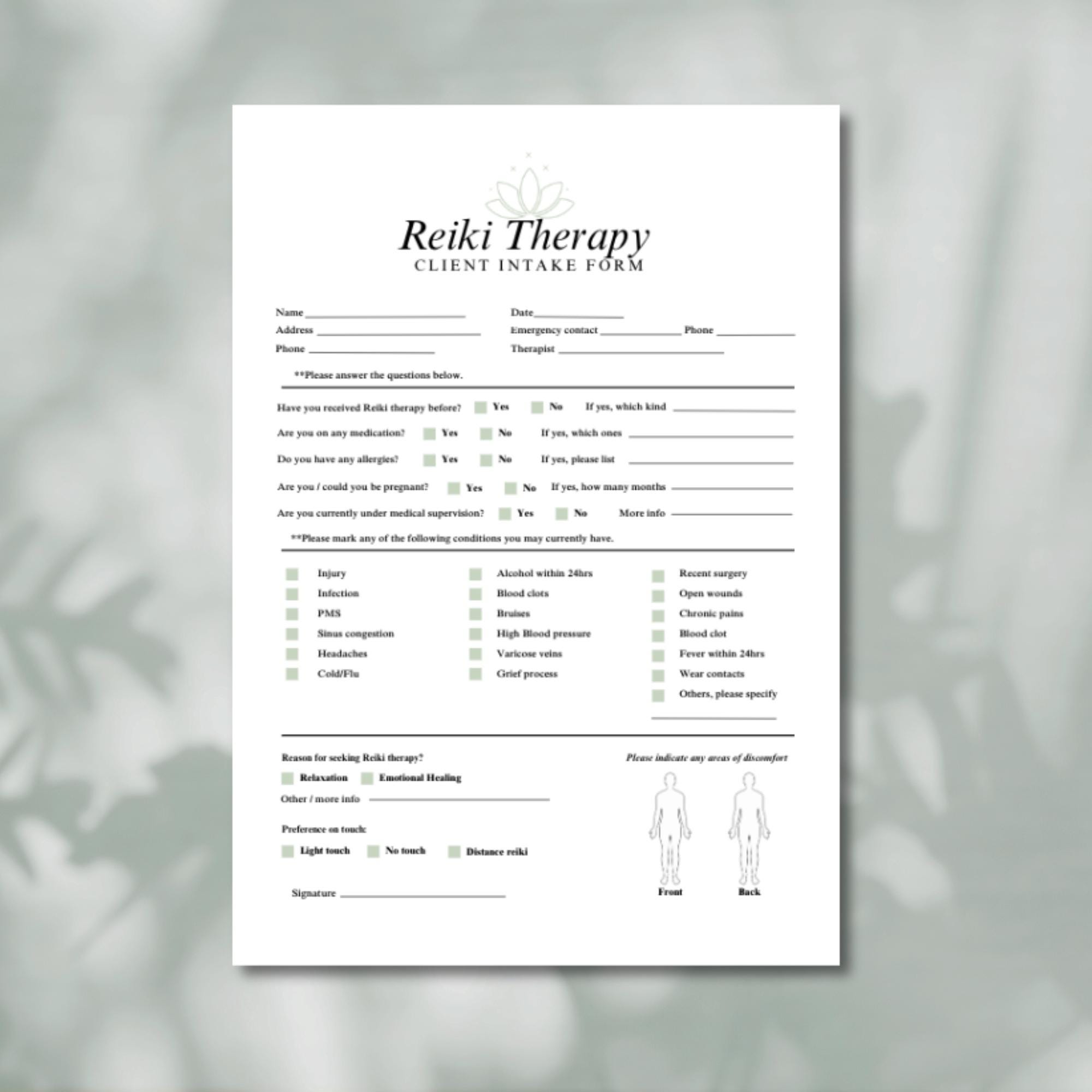 Reiki Therapy Client Intake Form | Editable & Fillable PDF | Reiki ...