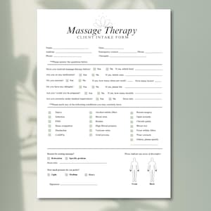 May include: A client intake form for massage therapy. The form asks questions about medical history, allergies, and any areas of discomfort. The form also includes a diagram of the human body for clients to indicate areas of discomfort.