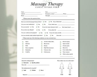 Customisable Massage Therapy Client Intake Form | Printable & Digital | PDF Download for Massage Therapists, Wellness Practitioners and Spas