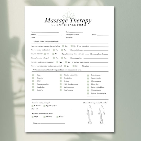 Customisable Massage Therapy Client Intake Form | Printable & Digital | PDF Download for Massage Therapists, Wellness Practitioners and Spas