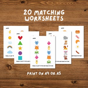 Puede incluir: Veinte hojas de trabajo de emparejamiento imprimibles para niños. Cada hoja de trabajo tiene dos columnas de imágenes, una con una imagen completa y la otra con una versión más pequeña de la misma imagen. Las instrucciones dicen que se debe dibujar una línea para hacer coincidir la imagen. Las hojas de trabajo presentan imágenes de animales, comida, formas y clima.