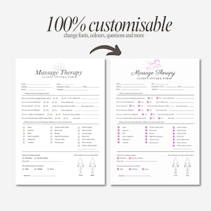 May include: Two customisable massage therapy client intake forms with a purple floral design. The forms include questions about medical history, allergies, and preferred pressure.