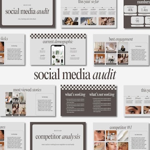 Pode incluir: Uma apresentação de auditoria de mídia social com várias visualizações de dados. O título "social media audit" é exibido de forma proeminente. A apresentação inclui gráficos e imagens, com seções como "current demographic" e "best engagement".