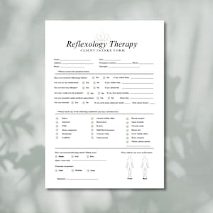 May include: A white Reflexology Therapy Client Intake Form with a floral design at the top. The form includes sections for personal information, medical history, and areas of discomfort. The form is designed to gather information for reflexology treatments.