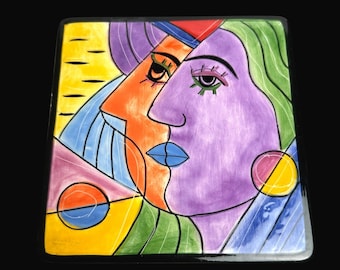 Azulejo de cerâmica pintado à mão Muzeum com rostos em estilo cubista de Picasso para decoração de parede, 15x15 cm.