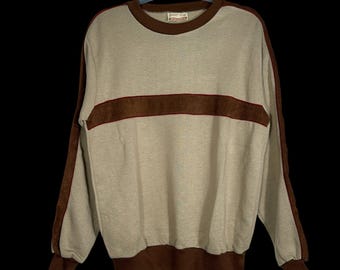 Sudadera vintage Sears Sportswear para hombre, cuello redondo, manga larga, beige y marrón, talla M