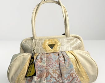 Bolso vintage Sylvia Cee - Piel de serpiente color crema, cuero y tela SW - Nuevo sin usar