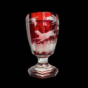 Vintage Bohemian Ruby Red Cut to Clear Glass Goblet Hunting Dog Etched Chalice