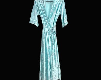 Bata kimono floral vintage Julie Girl, azul aguamarina, satén, lencería larga, EE. UU. M