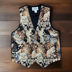 Vintage &#39;90s- Idee Nuova - Katzen Gobelin Weste - M / L - Cat Core CatTok Stickerei