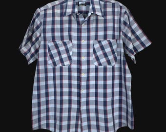 Camisa vintage Fieldmaster a cuadros con botones, talla grande para hombre, Perma Prest, manga corta.