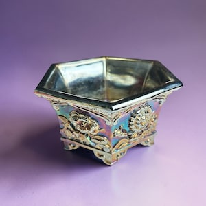 May include: A silver-colored, hexagonal planter with iridescent accents. The planter features embossed floral designs on its sides and rests on small feet. The interior is a reflective silver, and the background is a solid purple.