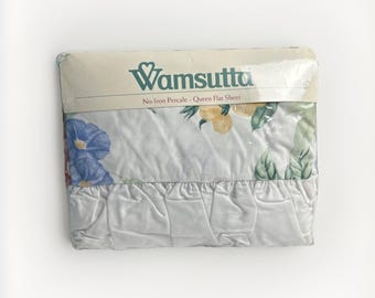 Sábana plana Wamsutta Summer Breeze Queen, sin planchar, percal floral, nueva de 1992.