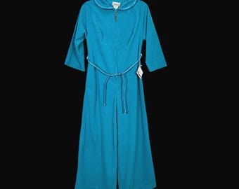 Vintage I-Appel Teal Blue Velour Jumpsuit Wide Leg Key Zipper Small NWT 70s 1814