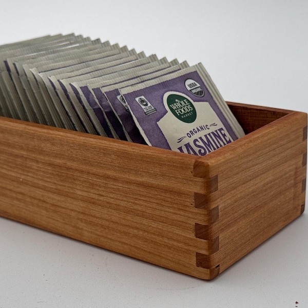 Vermont Cherry Wood Tea Bag Caddy | Handcrafted Box Joint Organizer