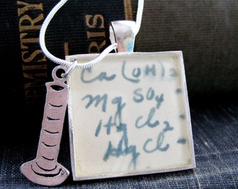 1938 Vintage Precipitates Chemistry Homework Nursing Textbook Silver Pendant with cylinder charm