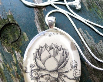 1920 Vintage Botany text Lotus Leek Flower silver Pendant