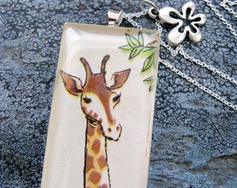 Vintage TextBook Watercolor Illustration Giraffe Silver Pendant Necklace with Flower Charm