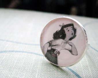 Singing SchoolGirl Vintage 1953 Children's Textbook Illustration set under Resin in a Silver Ring