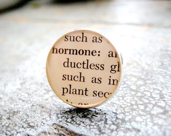 Vintage Hormone Biology Glossary Image set under Resin in a Silver Ring