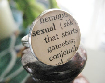 Vintage Sexual Biology Glossary Image set under Resin in a Silver Ring