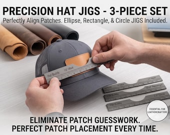 May include: A 3-piece set of metal Hat Buddy precision jigs for aligning patches on hats. The set includes ellipse, rectangle, and circle templates with integrated rulers showing measurements in inches. The tools are gray with engraved text.