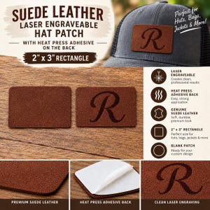 May include: Two rectangular 2-inch by 3-inch brown suede leather patches, one blank and one featuring a laser-engraved letter R. The patches have a heat press adhesive backing and are shown applied to a gray baseball cap with mesh back panels.