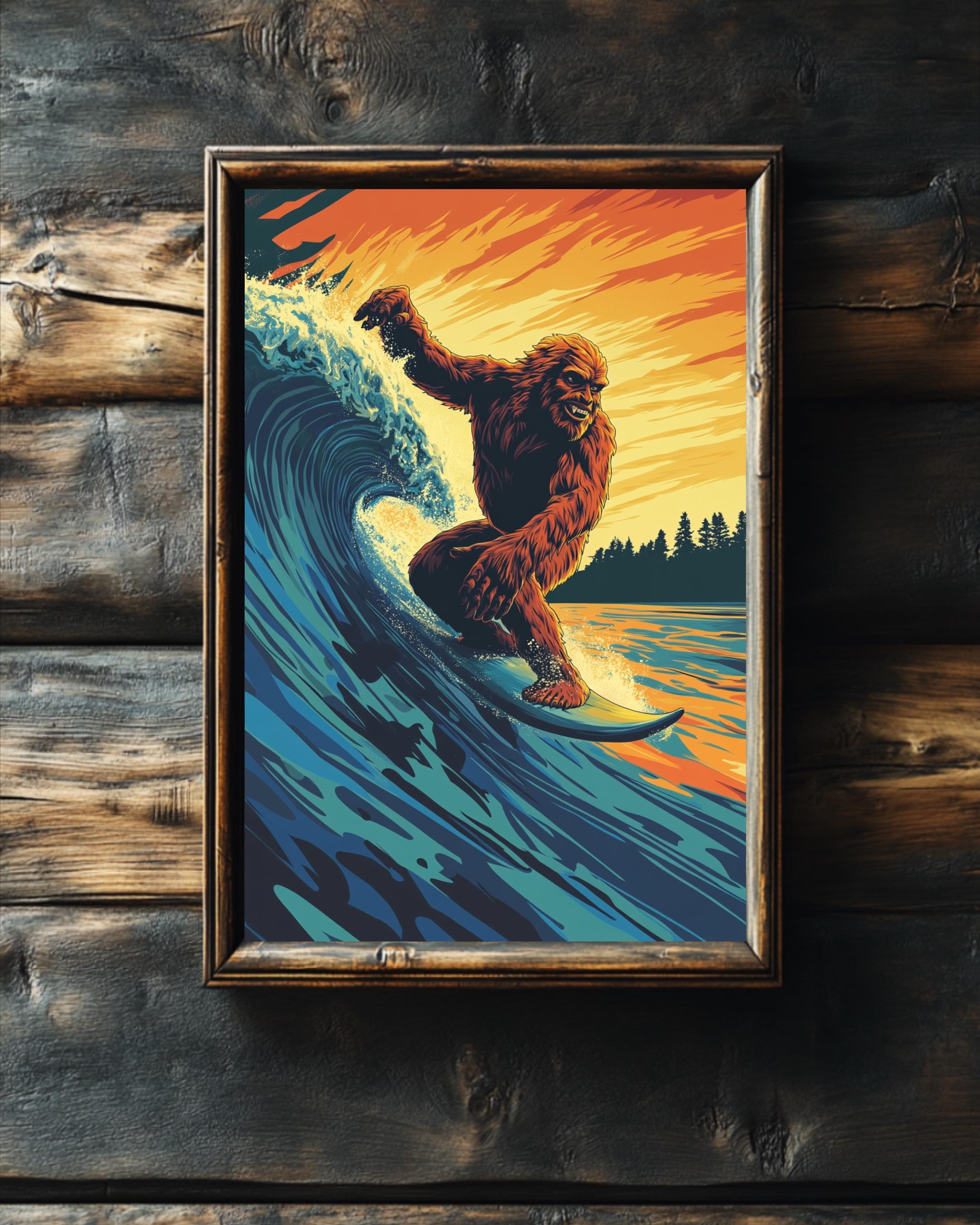 ビッグフットウェーブレトロアートプリント、ヴィンテージビーチ