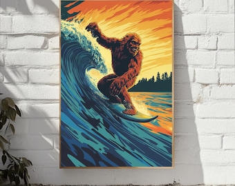 Impresión artística retro de la ola de Bigfoot, decoración de playa vintage, tapiz oceánico colorido, póster de surf de los años 70, decoración del hogar con temática de surf, Bigfoot surfing