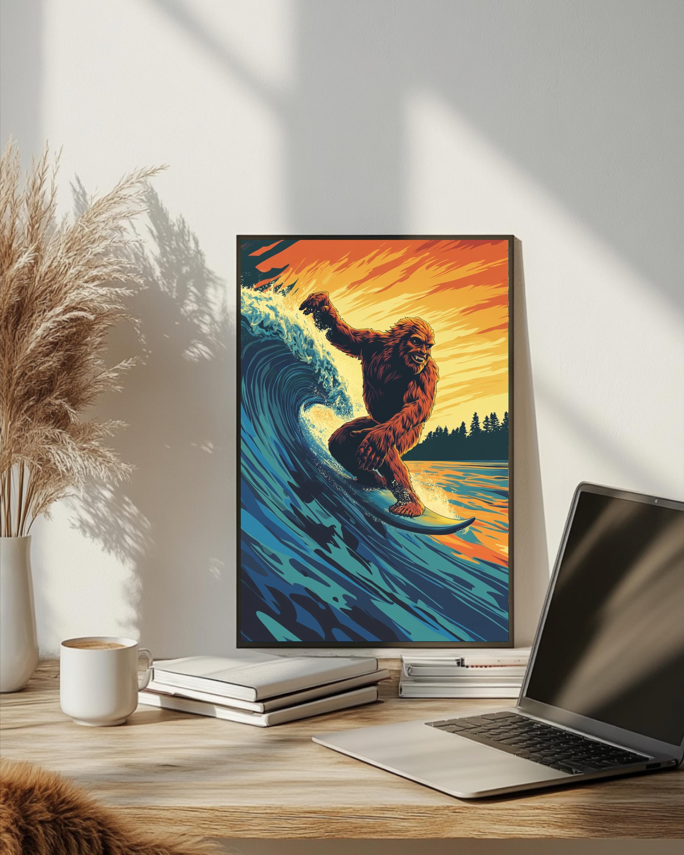 ビッグフットウェーブレトロアートプリント、ヴィンテージビーチ