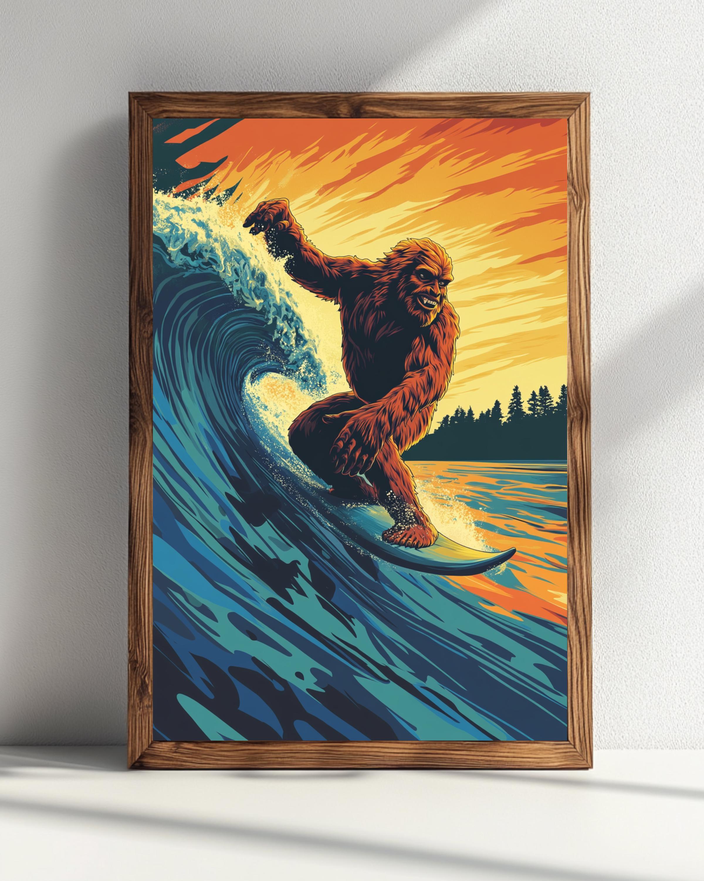 ビッグフットグラフィックポスター ビッグフットウェーブレトロアートプリント、ヴィンテージビーチ