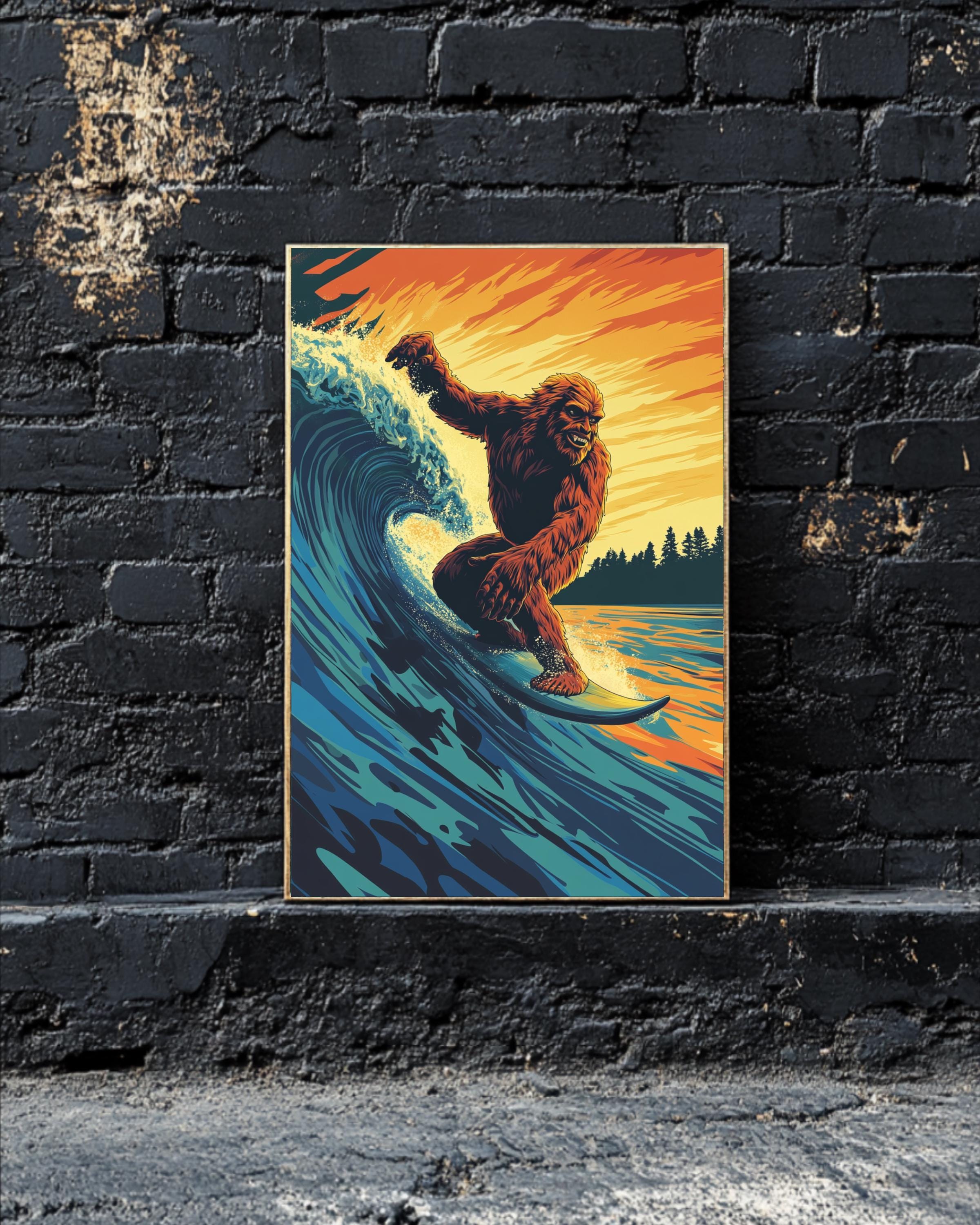 ビッグフットグラフィックポスター ビッグフットウェーブレトロアートプリント、ヴィンテージビーチ